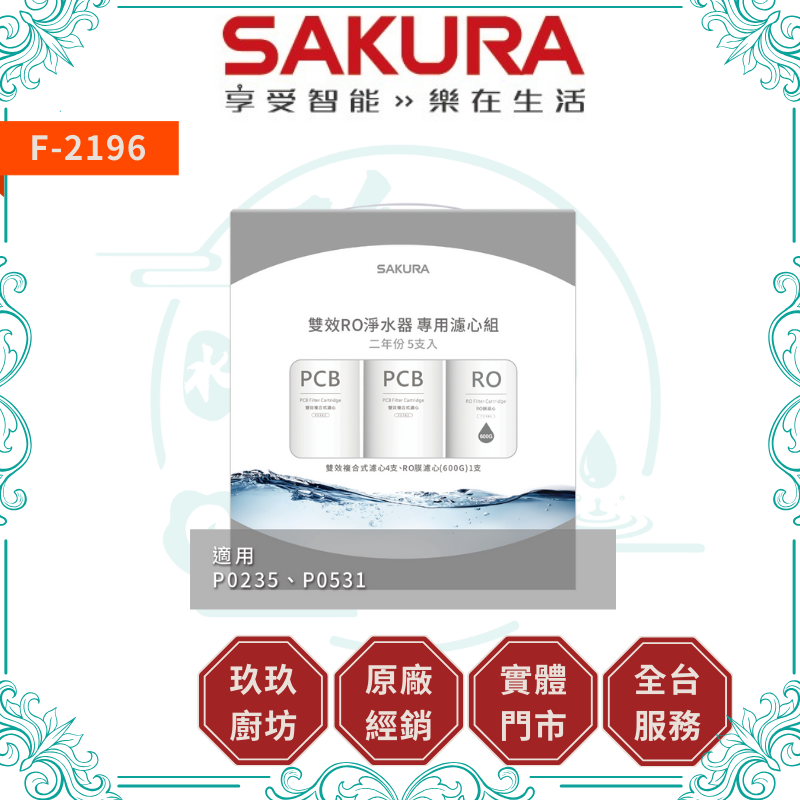 櫻花 SAKURA F-2196 雙效RO淨水器專用濾心5支入(二年份)